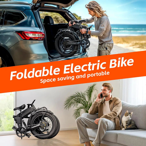 Man loading Kickin Folding Electric Bike for Adults with 1200W Peak Motor into car trunk, indoor storage setup shown