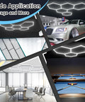 Hexagon Garage Light Ceiling Beam Beast Bright 11 Grid System 6500K Cool White LED installation in various settings.