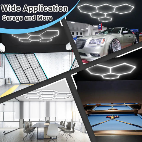 Hexagon Garage Light Ceiling Beam Beast Bright 11 Grid System 6500K Cool White LED installation in various settings.