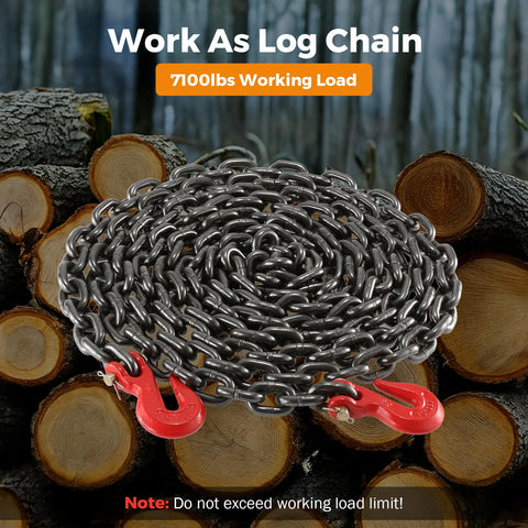 Three Eighth Inch Twenty Foot Tow Chain With Grab Hooks Grade 80 Heavy Duty Safety Chain For Trucks Cars And Trailers 7100 Lb Working Load Log Chain For Towing Recovery And Binder Recovery