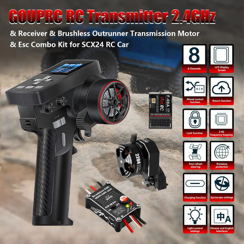 8 Channel 2.4GHz RC Transmitter With Receiver, Beefed Up Brushless 2400KV Outrunner Motor, 30A ESC Upgrade For SCX30 SCX24 Axial