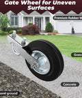 Heavy Duty Gate Wheels For Metal Swing And Sliding Fences Built To Crush A Massive Five Hundred Pound Weight Limit So Your Backyard Or Ranch Gate Rolls Smooth With Zero Sweat Includes Two Tough Support Casters on uneven surfaces.