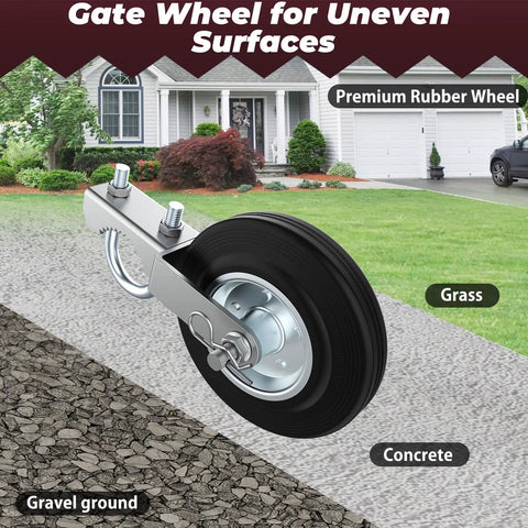 Heavy Duty Gate Wheels For Metal Swing And Sliding Fences Built To Crush A Massive Five Hundred Pound Weight Limit So Your Backyard Or Ranch Gate Rolls Smooth With Zero Sweat Includes Two Tough Support Casters on uneven surfaces.