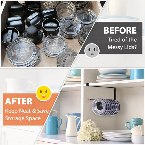 Before and after using Absolute Knockout Tumbler Lid Organizer That Snaps Right Onto Standard Cups And Keeps Your Counter Dead Clean