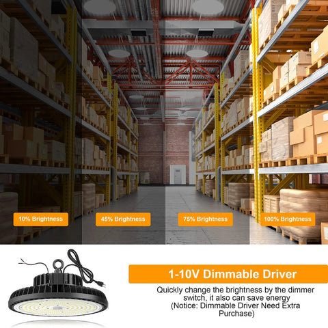 Warehouse interior lit with UFO LED High Bay Light 240W Ultra Bright Heavy Duty Shop Lighting, with dimmable settings shown.