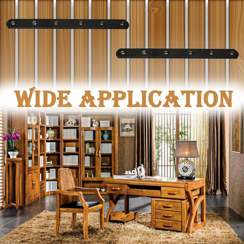 Absolute Beast 8 Inch Black Mending Plates on wood surface showing wide application for furniture and cabinetry.