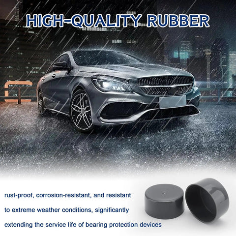 Car in rain with inset image of 4 Pack 1.98 Inch Trailer Bearing Caps Grey Rubber Hub Dust Covers For Boat Trailer Wheels