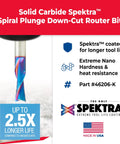 Solid Carbide Spektra Coated Spiral Plunge Router Bit Down Cut For Woodworking With Nanoco Coating For Heat Resistance Quarter Inch Diameter One Quarter Inch Shank Two And Half Inch Length Made In USA packaging and product details