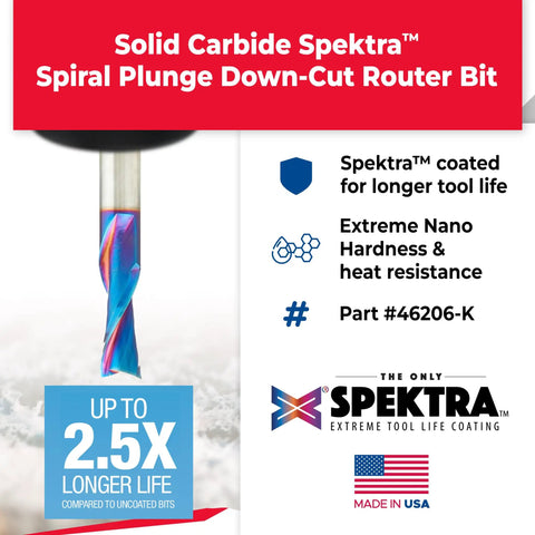 Solid Carbide Spektra Coated Spiral Plunge Router Bit Down Cut For Woodworking With Nanoco Coating For Heat Resistance Quarter Inch Diameter One Quarter Inch Shank Two And Half Inch Length Made In USA packaging and product details