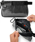 Small Black Electronics And Camera Accessories Bag With TPU Water Resistant Layer, showing open pouch with cables and gear