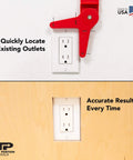 Cabinet Plumbing Jig With Adjustable Arms For Precise Plumbing And Electrical Hole Locations In Sink Base Cabinets And Bathroom Vanities That Lets You Mark Center Lines Fast And Easy And 3X Faster Install Time Made In USA in use on an electrical outlet.