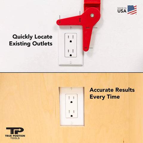 Cabinet Plumbing Jig With Adjustable Arms For Precise Plumbing And Electrical Hole Locations In Sink Base Cabinets And Bathroom Vanities That Lets You Mark Center Lines Fast And Easy And 3X Faster Install Time Made In USA in use on an electrical outlet.