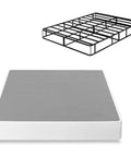 Full Size Heavy Duty Metal Box Spring With No Sweat Setup And Five Year Warranty Durable Mattress Support shown with a mattress.