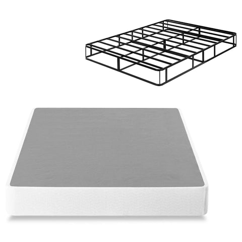 Full Size Heavy Duty Metal Box Spring With No Sweat Setup And Five Year Warranty Durable Mattress Support shown with a mattress.