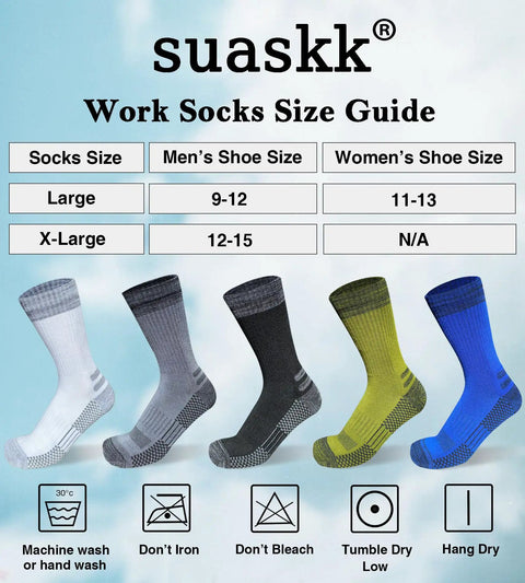 Men's Crew Work Boot Socks With Thick Cushioned Padding For All Day Comfort And Shock Absorption Moisture Wicking Hiking And Work Socks Reinforced Toe And Heel For Durability 4 Pairs size guide and care instructions