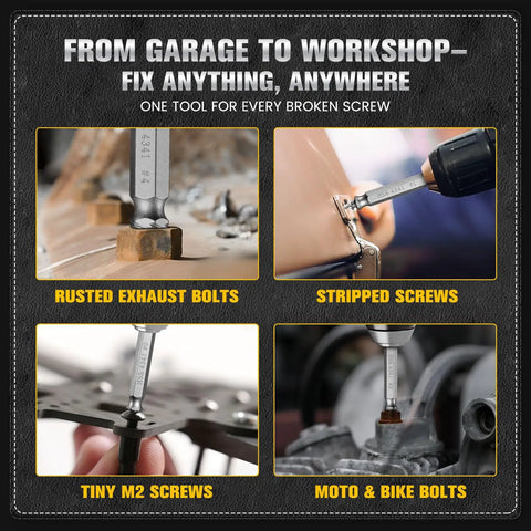 Image of 6-Piece Damaged Screw Extractor Set With Left Hand Drill Bits 0 Through 4 And Spiral Flute Extractors fixing various bolts.