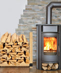 Firewood Log Storage Rack Bracket 4 Pack For Indoor And Outdoor Use next to a lit fireplace displaying stored logs