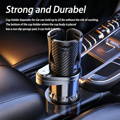 Premium Adjustable 2 In 1 Cup Holder Expander For Tesla Cybertruck Console Drink Stand showing strong carbon design with non-slip grip.