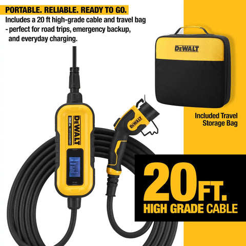 Portable Level 2 EV Charger 32A 7.6 kW 120-240V With 20 ft Cable, shown with travel bag and charging cable detail.