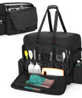 Open black camp oven carry bag with kitchen utensils, gloves, and bottles. Camp Oven Carry Bag For Camp Chef Stove Combo And Hike Crew Outdoor Gas Camping Oven Durable Portable Cover And Carrying Case For Camping Oven Accessories Bag Only.