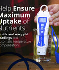 PH Pen Meter and Probe Care Kit with Calibration Solutions shown in glass for pH and temperature readings in nutrient solutions.