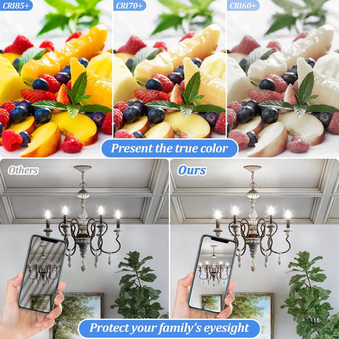 Comparison of colors and ceiling light with Crisp Daylight LED Candelabra Bulbs 40W Equivalent, 4W E12 Small Base, 5000K Daylight White.