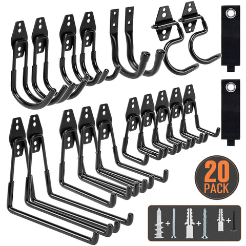 20 Pack Heavy Duty Garage Hooks Set With 7 Sizes And 2 Extension Cord Organizer Straps For Wall Mounted Hanging Bike Ladder Garden Tools Hoses And Ropes Black Finish