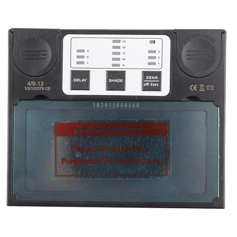 Solar Powered Auto Darkening Welding Lens Replacement Shade With Battery Backup And Huge View Window For Standard Helmets, controls and warning notice visible.