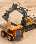 Remote Control Dump Truck With 360 Degree Rotation And Lights Kid Friendly Nine Channel RC Construction Toy on sand