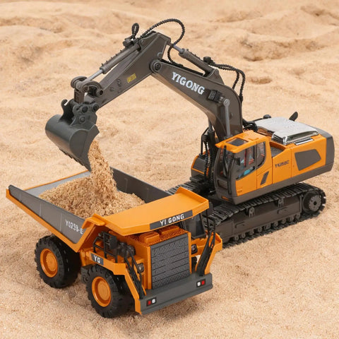 Remote Control Dump Truck With 360 Degree Rotation And Lights Kid Friendly Nine Channel RC Construction Toy on sand