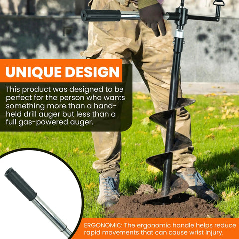 Man using 6 Inch Wide By 32 Inch Deep Electric Post Hole Digger With Universal Handle For Drill Attachment in a garden setting.