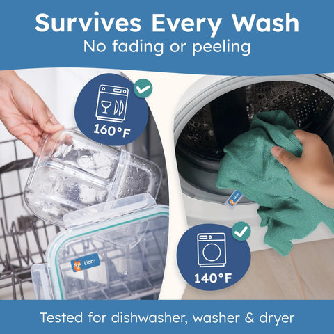 Personalized Name Labels For Kids Featuring Waterproof Custom Stickers on containers being washed at 160°F, showcasing durability.