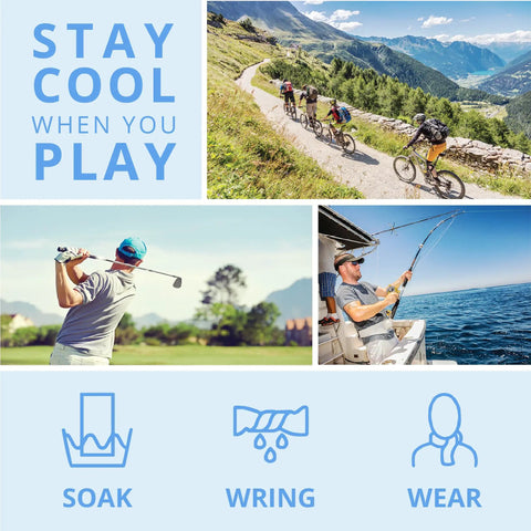Cyclists, golfer, and fisherman using Chilly Pad Cooling Towel For Sports And Outdoors, Hyper Evaporative, Reusable And Wet Wring Cool Tech.