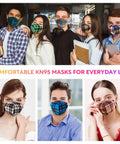 Group wearing colorful KN95 Face Masks For Adults With 10 Fresh Prints, 5 Layer Protection And All Day Comfort, Designer Style Masks