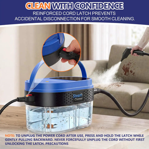 1800ML Portable Handheld Steam Cleaner With 2500W Fast Heating Power, reinforced cord latch and easy-grip handle for safe cleaning.