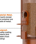 Close-up of Weight Activated Squirrel Proof Bird Feeder For Outdoor Use Large Capacity Keeps Squirrels From Stealing Seed While Finches Cardinals And Chickadees Feed Freely Weatherproof Durable Construction In Reddish Brown, showing metal mesh and ports.