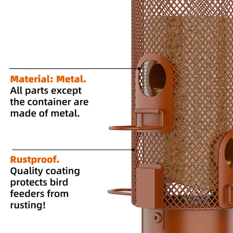 Close-up of Weight Activated Squirrel Proof Bird Feeder For Outdoor Use Large Capacity Keeps Squirrels From Stealing Seed While Finches Cardinals And Chickadees Feed Freely Weatherproof Durable Construction In Reddish Brown, showing metal mesh and ports.