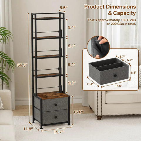 Slick Five Tier CD Storage Rack With Drawer DVD Media Organizer Shelf Space Saving Home Office Decor Unit Is A Game Changer That Keeps Music Collections Top Notch Always