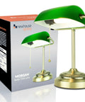 Morgan Antique Green LED Bankers Desk Lamp With Adjustable Arm, shown with packaging, brass base, perfect for study desks.