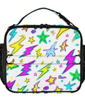 Colorful Lightning Bolt Insulated Lunch Bag With Shoulder Straps For Office School And Travel Your Go To Cooler That Keeps Meals Fresh In A Spacious Main Compartment With Two Side Mesh Pockets Durable Polyester Tote For Kids Women And Men. front view, insulated polyester lunch bag with shoulder strap and side mesh pockets