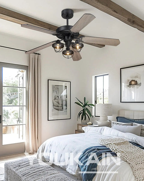 52 Inch Farmhouse Ceiling Fan With Remote Control And 3 Lights, Industrial Vibe Dope Barnwood And Matte Black 5 Blade Reversible Design for a cozy bedroom.