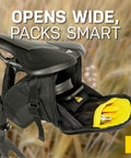 Aero Wedge Pack With Strap Mount For Bike Seat Post, large black storage bag showing open compartment with tools.