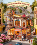 Dream Coffee Factory Mechanical 3D Wooden Puzzle Kit with Moving LED Lights, detailed miniature coffee shop scene, daytime setting