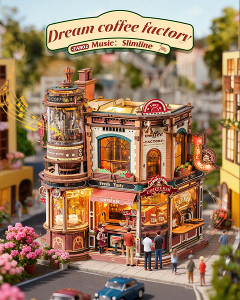 Dream Coffee Factory Mechanical 3D Wooden Puzzle Kit with Moving LED Lights, detailed miniature coffee shop scene, daytime setting