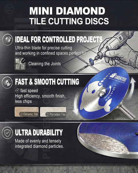 Diamond Tile Cutting Wheel Set For Rotary Tool Ultra Thin Zero Point Seven Millimeter Rim For Clean Precise 50mm Cuts 4 Pack Pro Grade Grout Removal And Edge Trimming Great For Ceramic Marble And Porcelain Tile Jobs: 50mm disc package