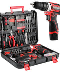 All In One Home Tool Kit With 12V Cordless Drill And Magnetic Bits 138 Piece Set For DIY Repairs And Furniture Assembly Durable Case With Fast Charging Ready To Roll For New Homeowners Red, tool kit with open case showing drill, pliers, magnetic bits, in sturdy red case