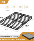 Heavy Duty King Box Spring Low Profile Metal Bed Base With Reinforced Steel Slats And Protective Cover for 80"L x 76"W mattress.