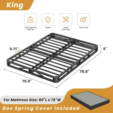 Heavy Duty King Box Spring Low Profile Metal Bed Base With Reinforced Steel Slats And Protective Cover for 80"L x 76"W mattress.