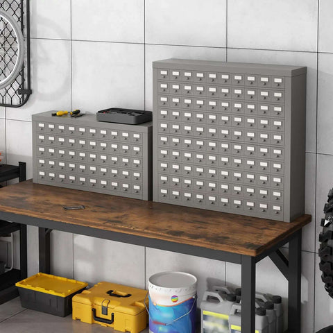 100-Drawer Cold Rolled Steel Storage Cabinet With Divider And 10-Tier Tool Organizer Rack for hardware shown on workbench.