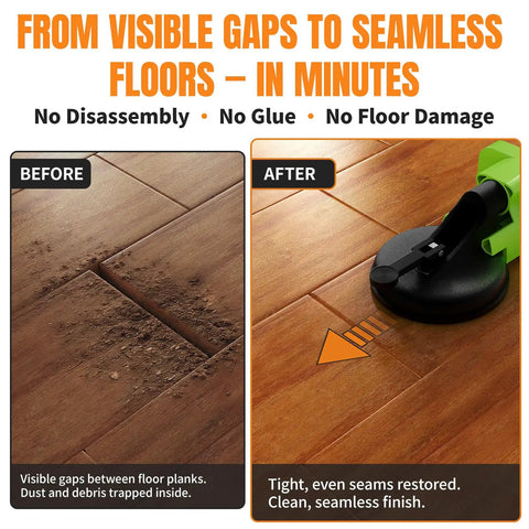 Before and after of Floor Gap Fix Tool Kit With Suction Cup And Rubber Mallet For Floating Floors Repair